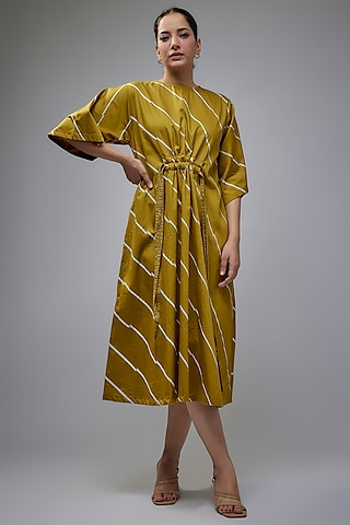 Golden Cotton Satin Midi Dress by SNOB