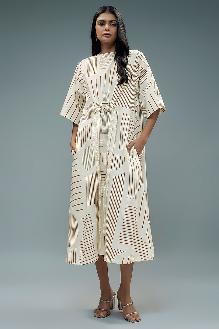 Off-White Cotton Geometric Printed A-Line Midi Dress by SNOB at Pernia's Pop Up Shop