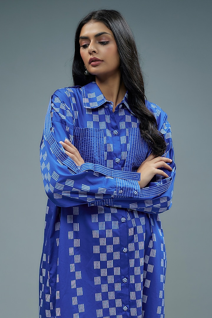 Cobalt Blue Cotton Hopscotch Printed Mini Vacation Shirt Dress by SNOB at Pernia's Pop Up Shop