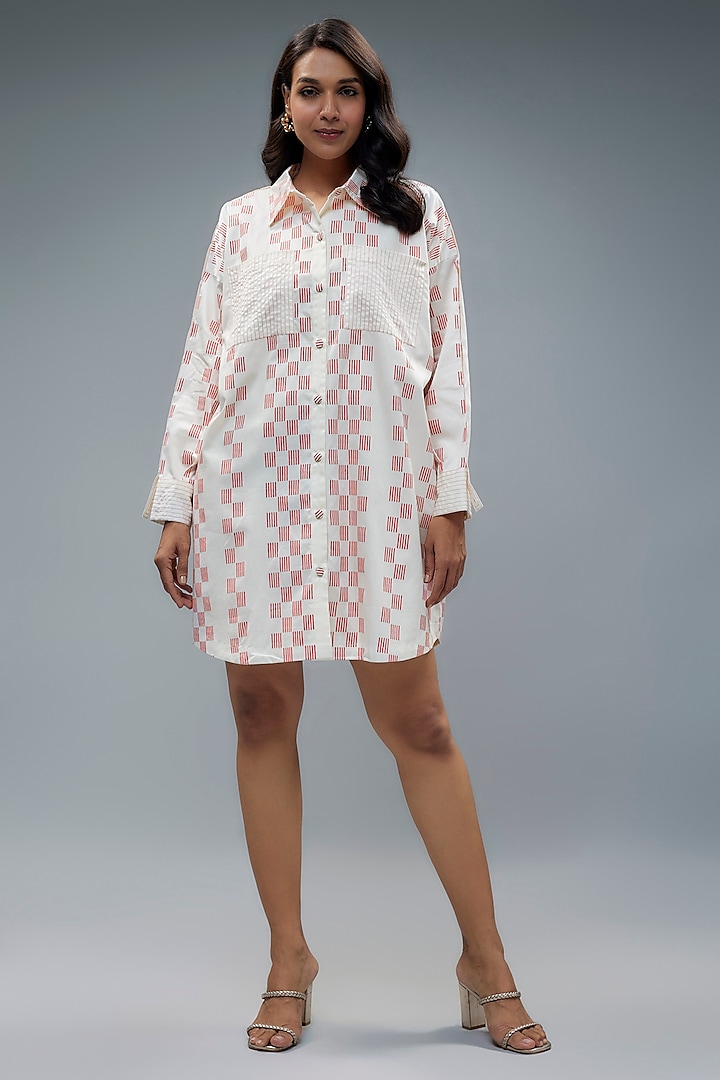 Off-White Cotton Hopscotch Printed Mini Shirt Dress by SNOB at Pernia's Pop Up Shop