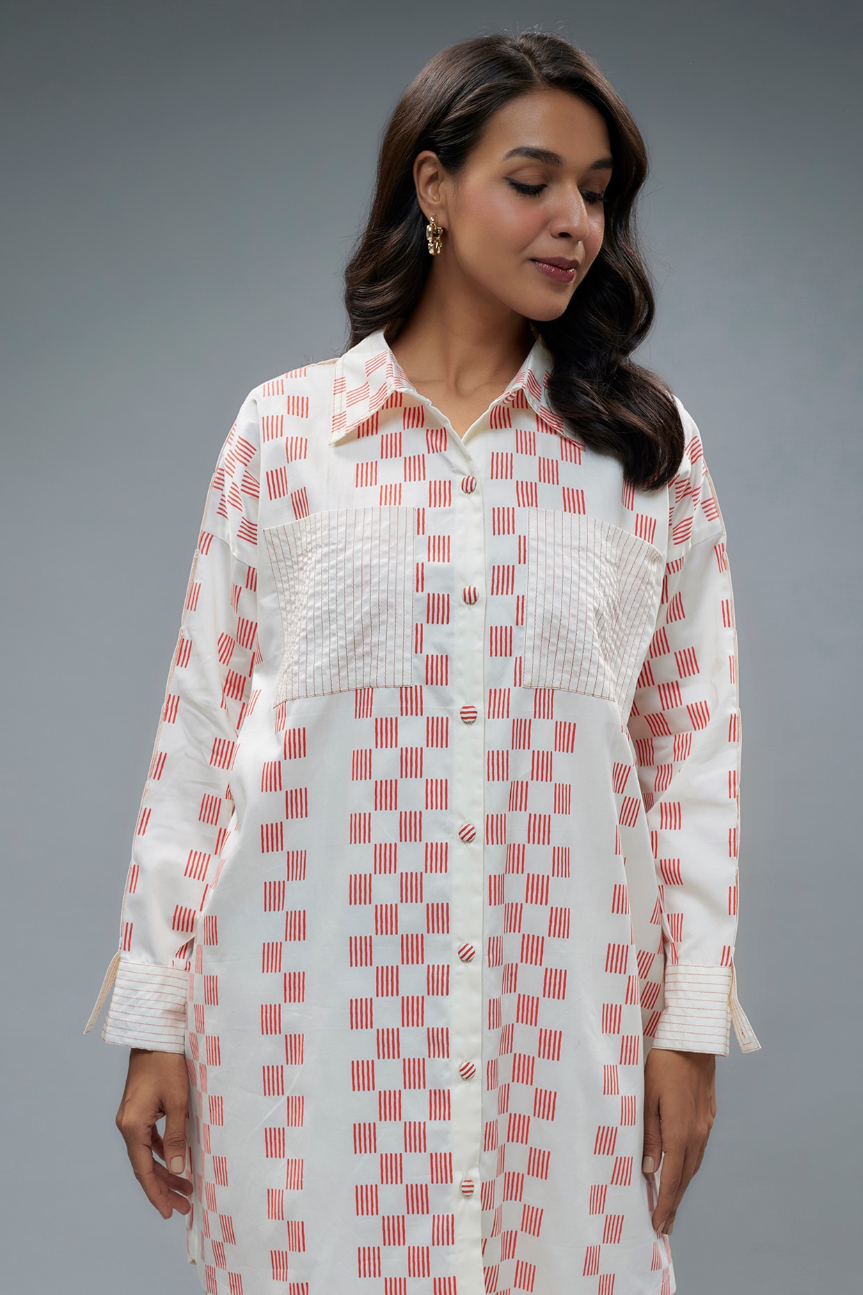 Off White Cotton Hopscotch Printed Mini Shirt Dress by SNOB at Pernia s Pop Up Shop 2024