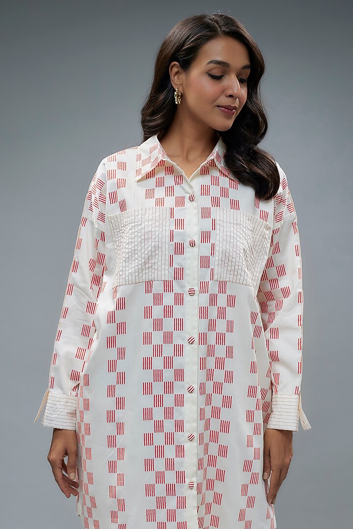 Off-White Cotton Hopscotch Printed Mini Vacation Shirt Dress by SNOB at Pernia's Pop Up Shop