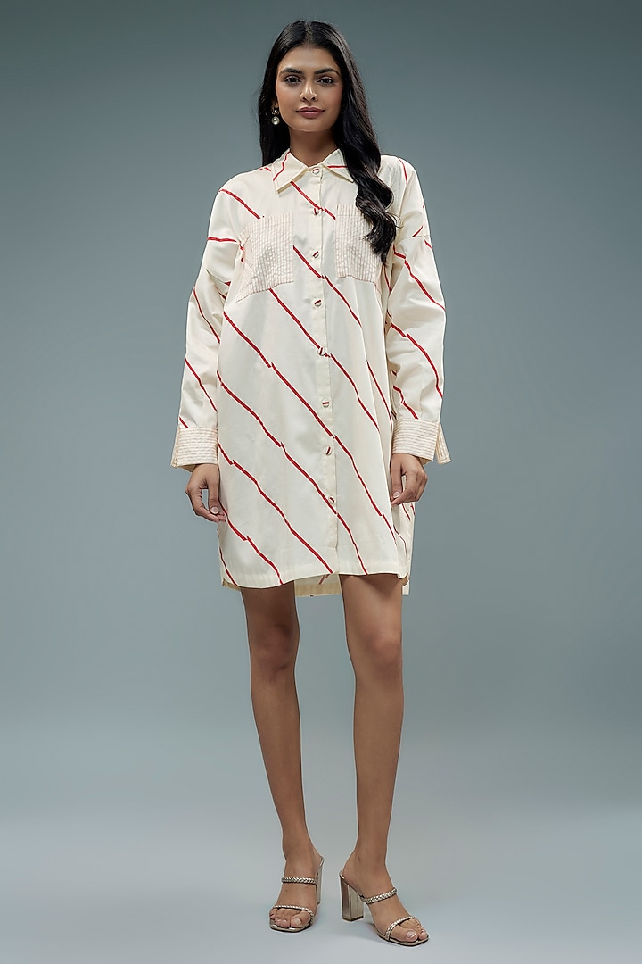 Off-White Cotton Geometric Printed Mini Shirt Dress by SNOB at Pernia's Pop Up Shop