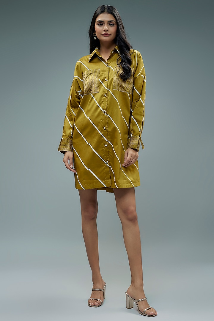 Gold Cotton Satin Geometric Printed Mini Shirt Dress by SNOB at Pernia's Pop Up Shop