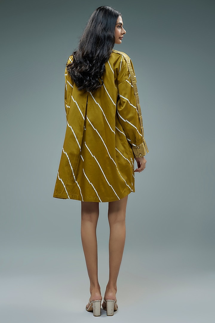 Gold Cotton Satin Geometric Printed Mini Vacation Shirt Dress by SNOB at Pernia's Pop Up Shop