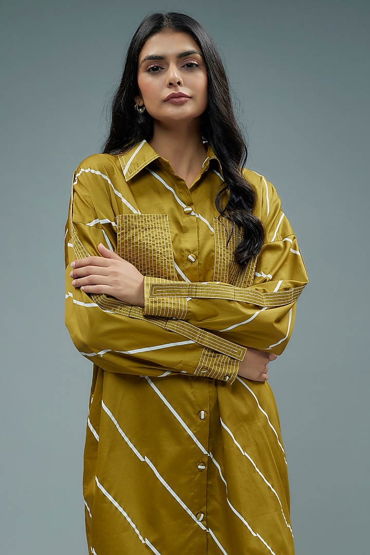 Gold Cotton Satin Geometric Printed Mini Vacation Shirt Dress by SNOB at Pernia's Pop Up Shop