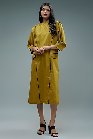 Gold Cotton Satin Geometric Printed A-Line Midi Dress by SNOB