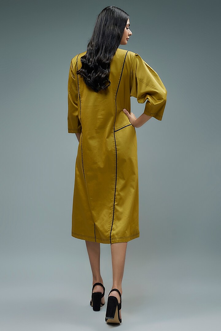 Gold Cotton Satin Geometric Printed A-Line Midi Vacation Dress by SNOB at Pernia's Pop Up Shop