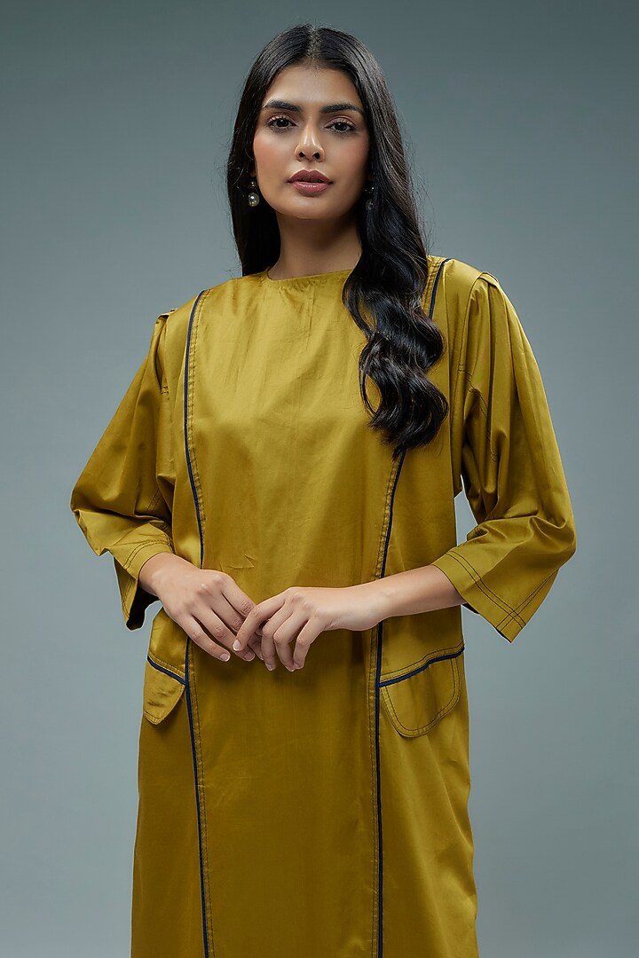 Gold Cotton Satin Geometric Printed A-Line Midi Vacation Dress by SNOB at Pernia's Pop Up Shop