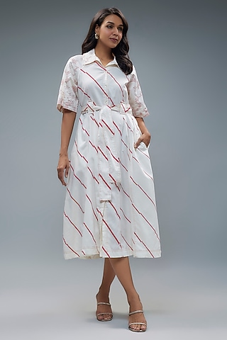 Off-White Cotton Geometric Printed A-Line Midi Dress With Belt by SNOB