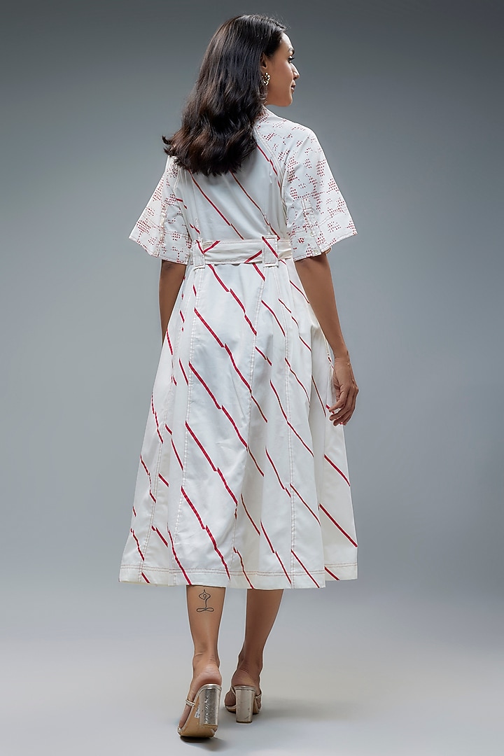 Off-White Cotton Geometric Printed A-Line Midi Vacation Dress With Belt by SNOB at Pernia's Pop Up Shop