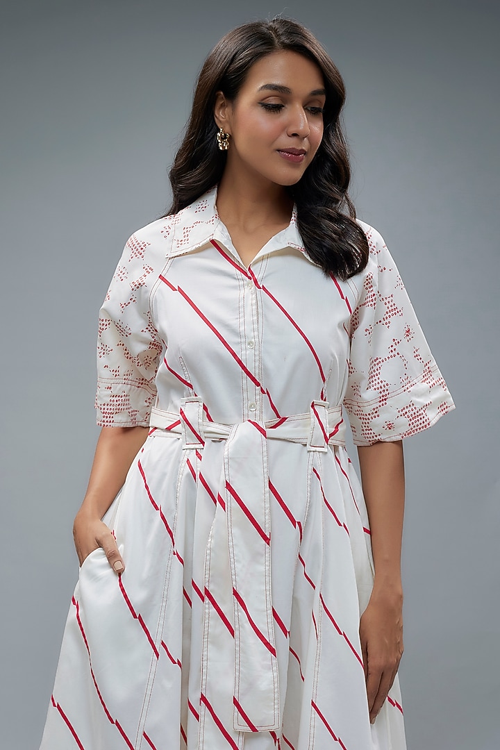 Off-White Cotton Geometric Printed A-Line Midi Vacation Dress With Belt by SNOB at Pernia's Pop Up Shop