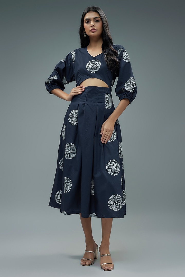 Navy Blue Cotton Geometric Polka Printed Cut-Out Midi Dress by SNOB at Pernia's Pop Up Shop