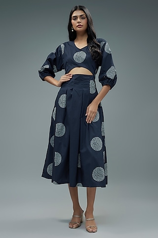 Navy Blue Cotton Geometric Polka Printed Cut-Out Midi Dress by SNOB