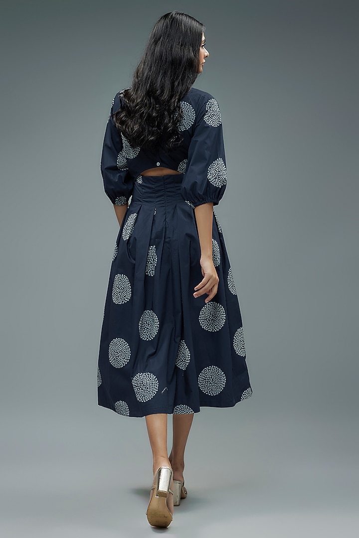 Navy Blue Cotton Geometric Polka Printed Cut-Out Midi Vacation Dress by SNOB at Pernia's Pop Up Shop