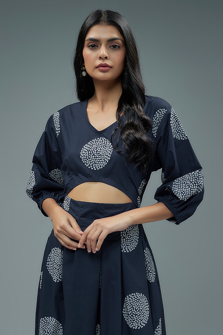 Navy Blue Cotton Geometric Polka Printed Cut-Out Midi Vacation Dress by SNOB at Pernia's Pop Up Shop
