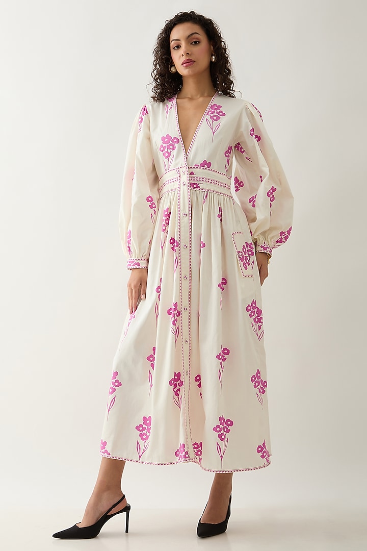 Off-White Cotton Satin Mosaic Printed Flared Midi Vacation Dress by SNOB at Pernia's Pop Up Shop