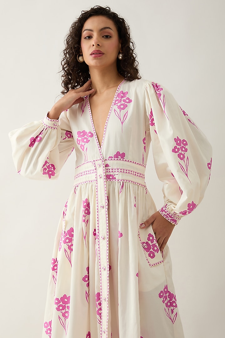 Off-White Cotton Satin Mosaic Printed Flared Midi Vacation Dress by SNOB at Pernia's Pop Up Shop