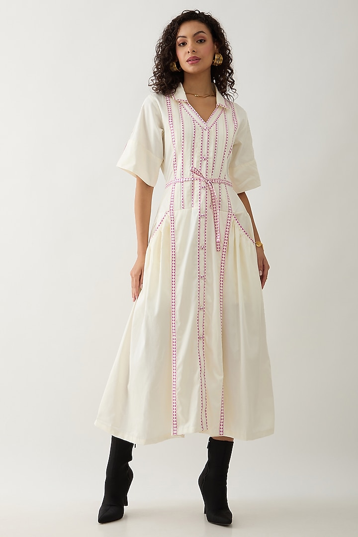 Off-White Cotton Satin Mosaic Printed Flared Midi Vacation Dress by SNOB at Pernia's Pop Up Shop