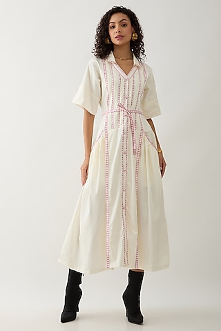 Off-White Cotton Satin Mosaic Printed Flared Midi Dress by SNOB