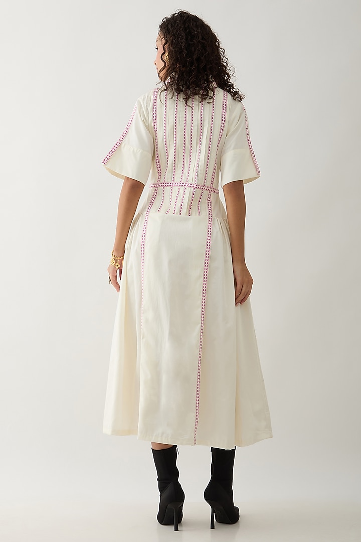 Off-White Cotton Satin Mosaic Printed Flared Midi Vacation Dress by SNOB at Pernia's Pop Up Shop