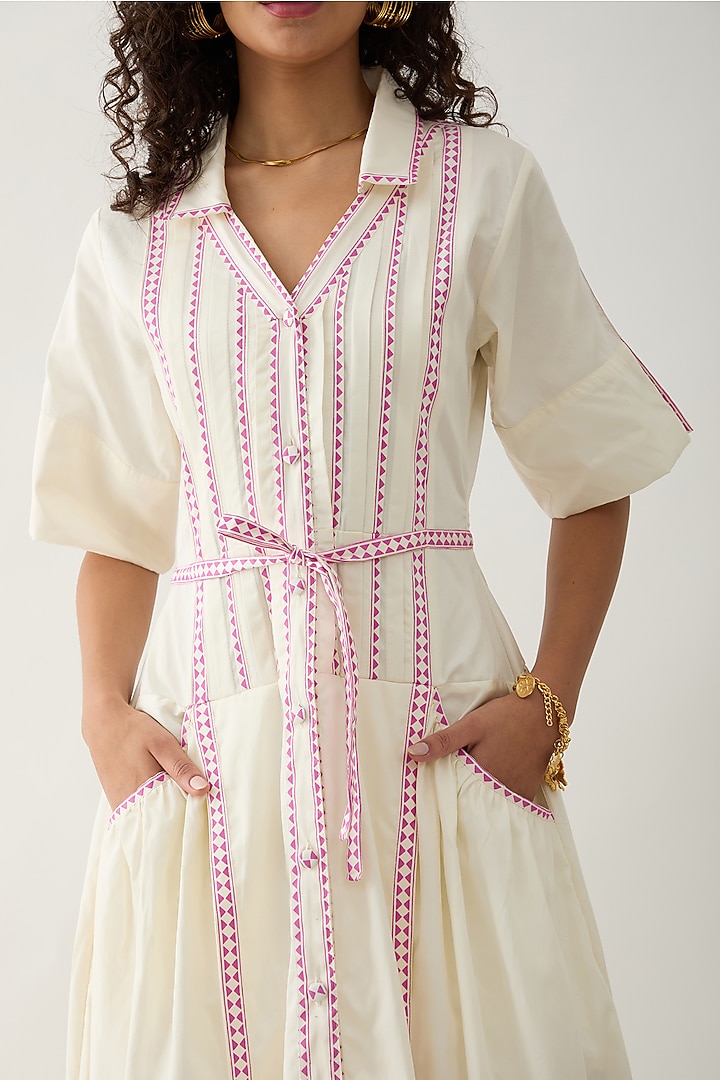 Off-White Cotton Satin Mosaic Printed Flared Midi Vacation Dress by SNOB at Pernia's Pop Up Shop