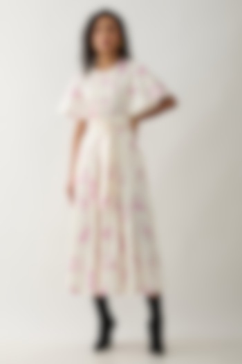 Off-White Cotton Satin Printed Flared Midi Vacation Dress by SNOB at Pernia's Pop Up Shop