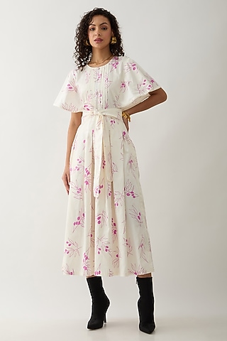 Off-White Cotton Satin Printed Flared Midi Dress by SNOB