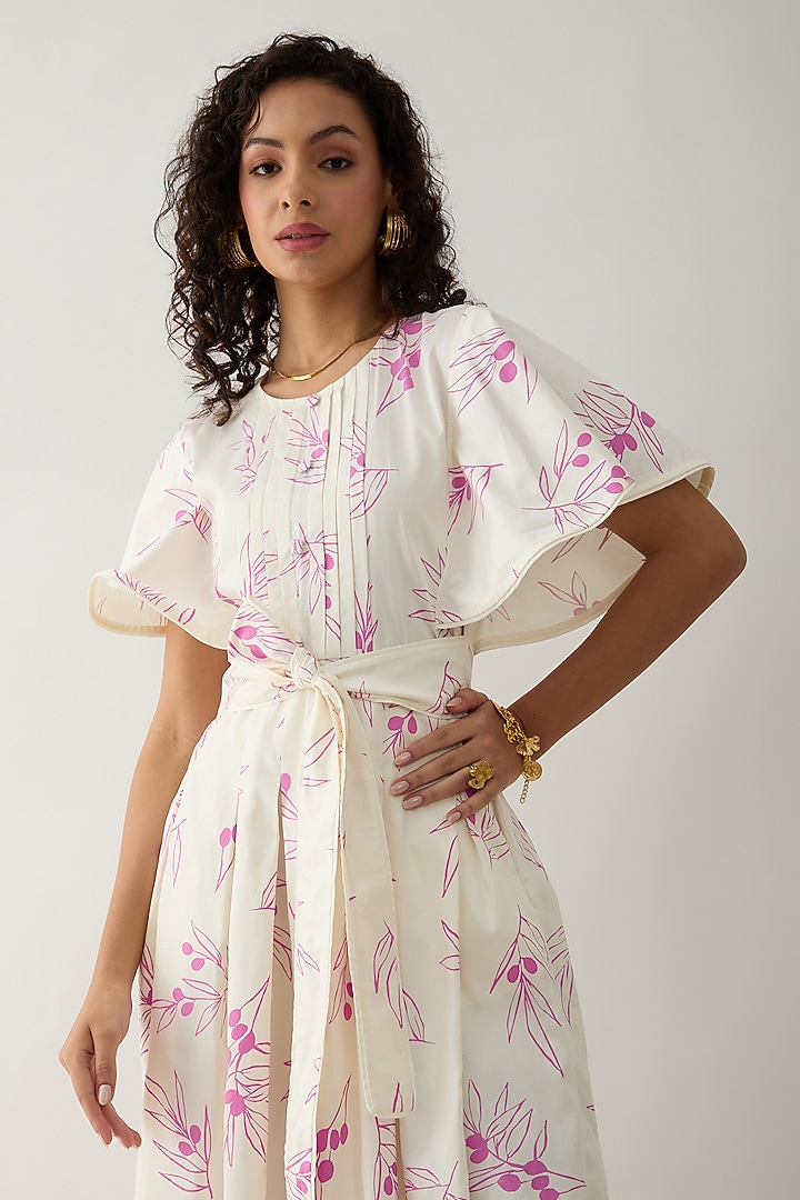 Off-White Cotton Satin Printed Flared Midi Vacation Dress by SNOB at Pernia's Pop Up Shop