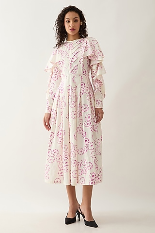 Off-White Cotton Satin Printed Flared Midi Dress by SNOB