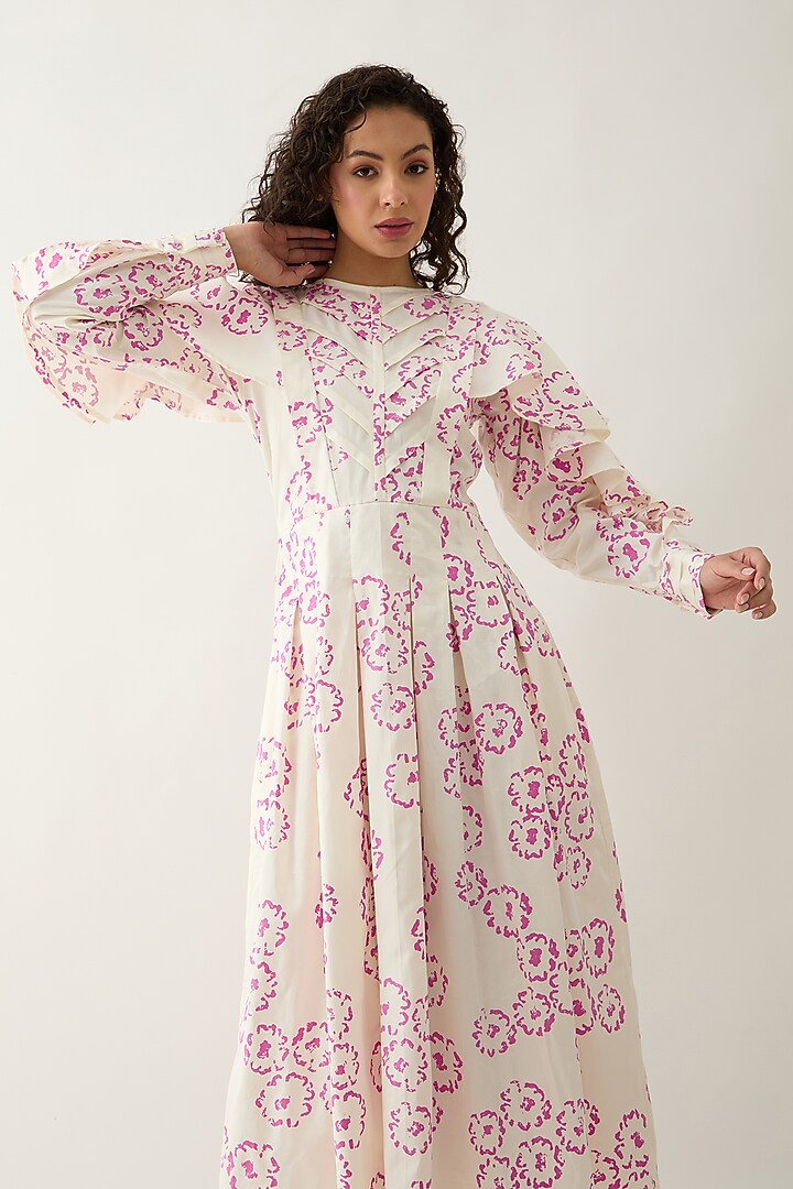 Off-White Cotton Satin Printed Flared Midi Vacation Dress by SNOB at Pernia's Pop Up Shop