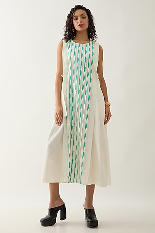 Off-White Cotton Satin Printed Sleeveless Midi Dress by SNOB