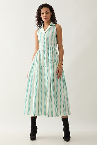 Off-White Cotton Satin Printed Sleeveless Midi Dress by SNOB