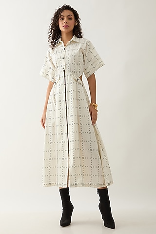 Off-White Cotton Satin Printed Midi Dress by SNOB