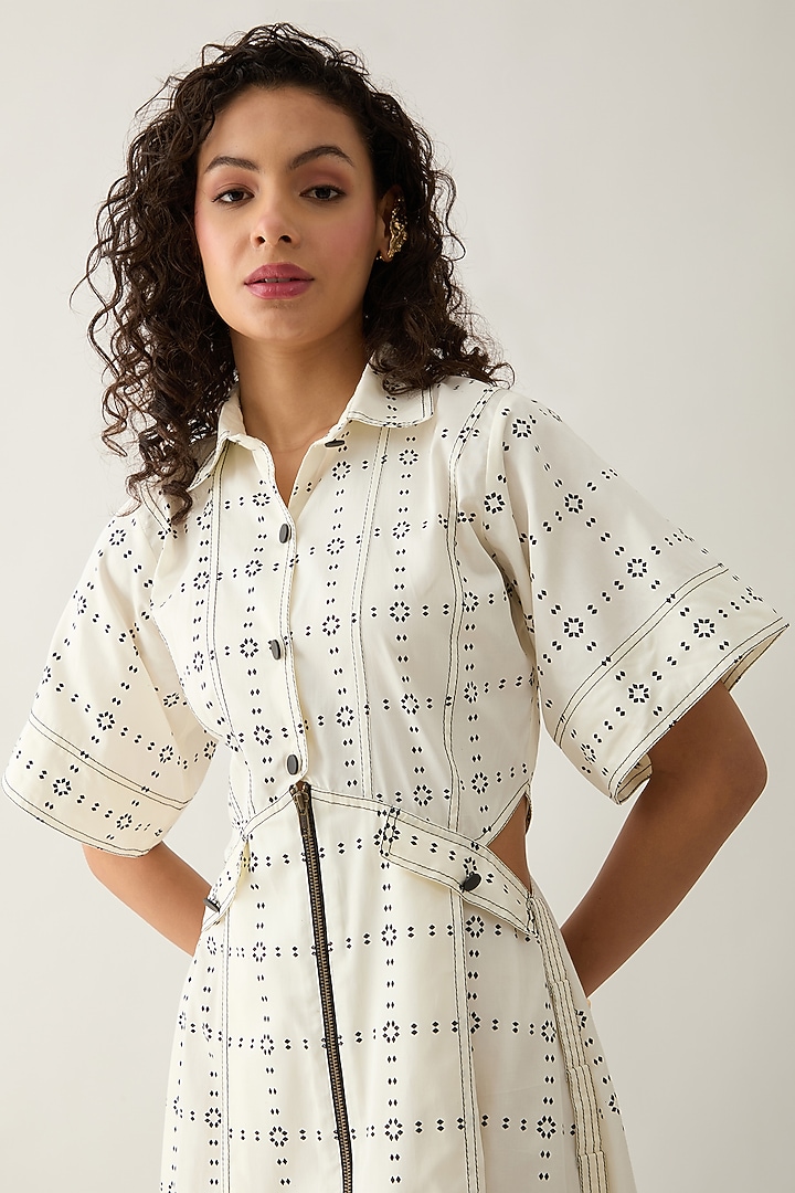 Off-White Cotton Satin Printed Midi Vacation Dress by SNOB at Pernia's Pop Up Shop