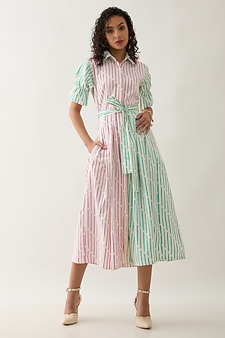 Multi-Colored Cotton Satin Printed A-Line Midi Dress by SNOB