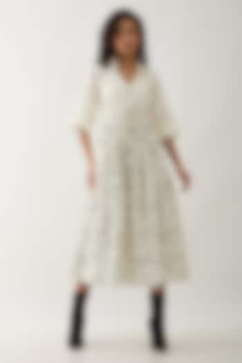 Off-White Cotton Satin Printed Midi Vacation Dress by SNOB at Pernia's Pop Up Shop