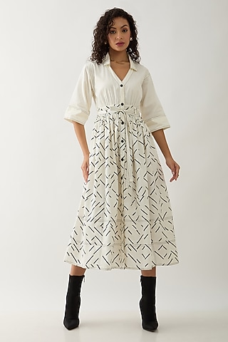 Off-White Cotton Satin Printed Midi Dress by SNOB