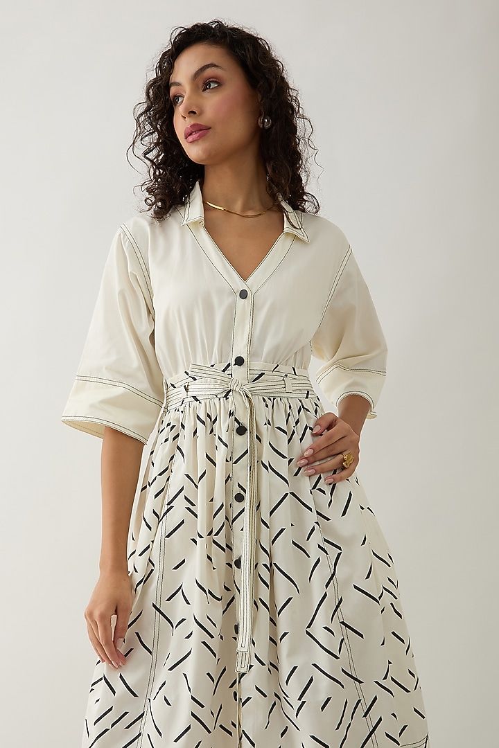 Off-White Cotton Satin Printed Midi Vacation Dress by SNOB at Pernia's Pop Up Shop