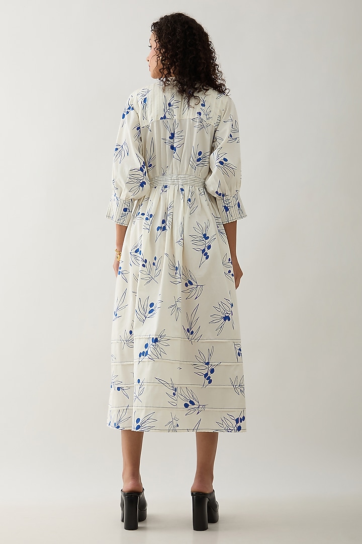 Off-White Cotton Satin Printed Pleated Midi Vacation Dress by SNOB at Pernia's Pop Up Shop
