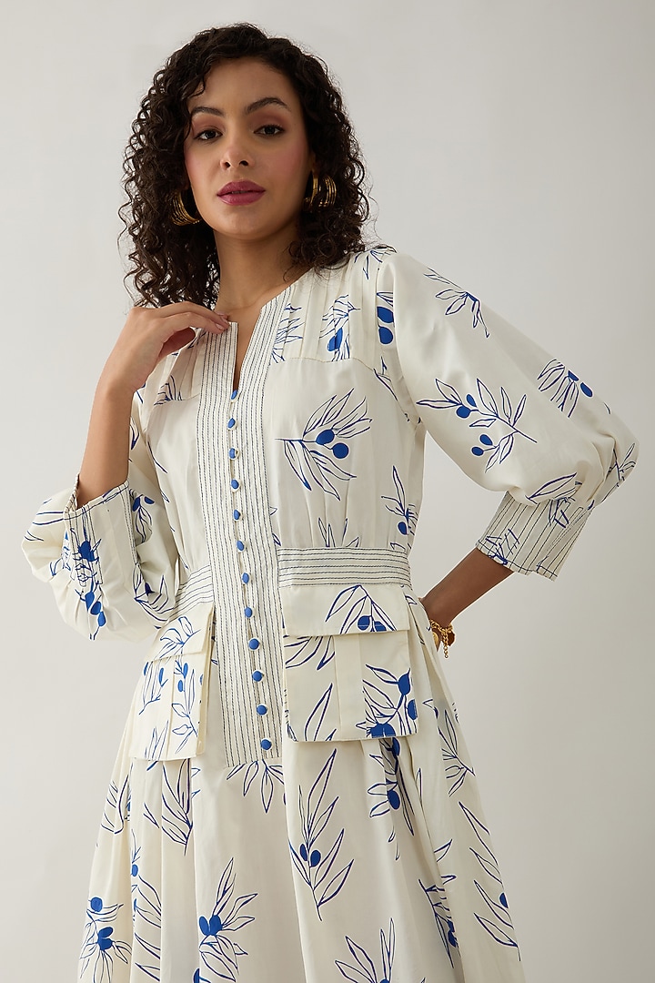 Off-White Cotton Satin Printed Pleated Midi Vacation Dress by SNOB at Pernia's Pop Up Shop