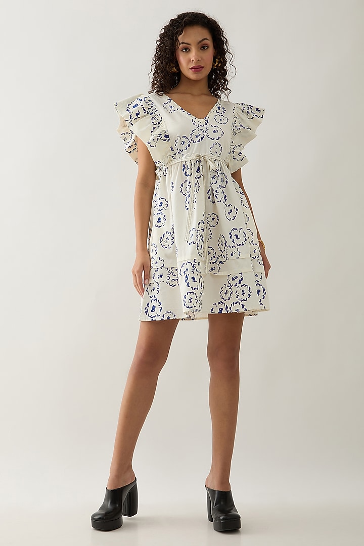 Off-White Cotton Satin Printed Mini Summer Dress by SNOB at Pernia's Pop Up Shop