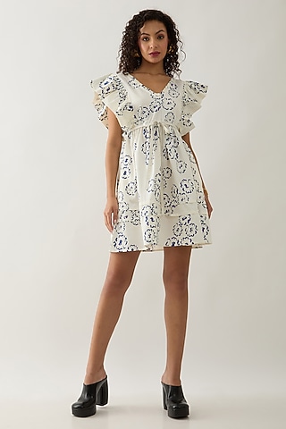 Off-White Cotton Satin Printed Mini Dress by SNOB