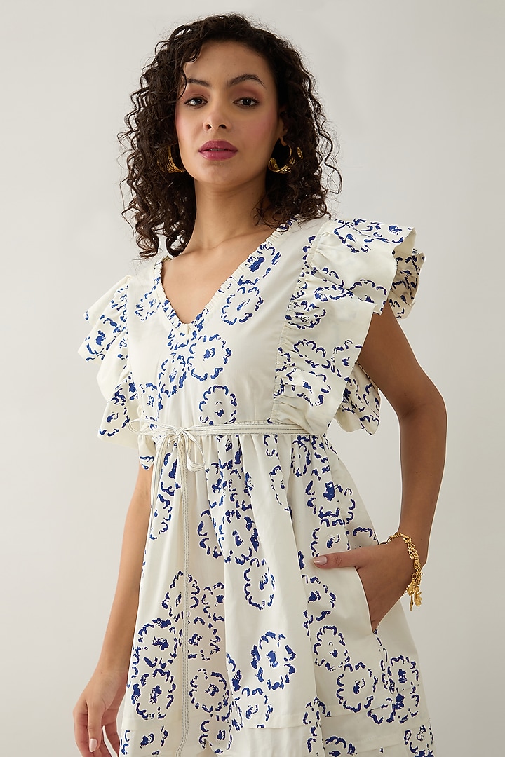 Off-White Cotton Satin Printed Mini Summer Dress by SNOB at Pernia's Pop Up Shop