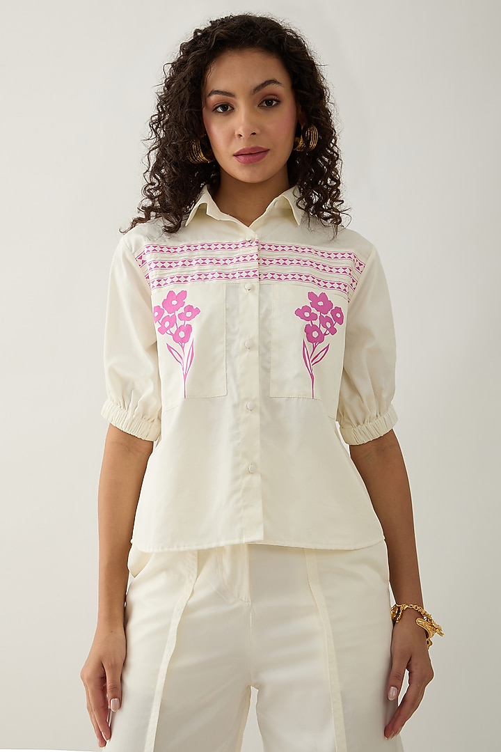 Off-White Cotton Satin Mosaic Printed Shirt by SNOB at Pernia's Pop Up Shop