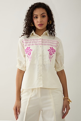 Off-White Cotton Satin Mosaic Printed Shirt by SNOB