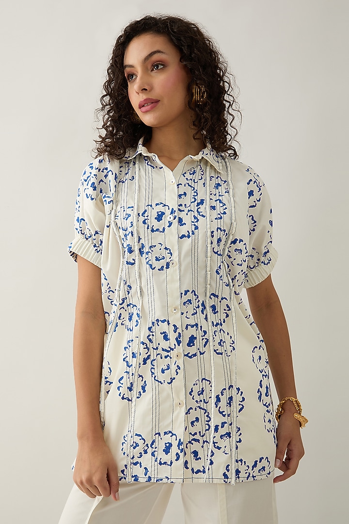 Off-White Cotton Satin Printed Co-Ord Set by SNOB at Pernia's Pop Up Shop