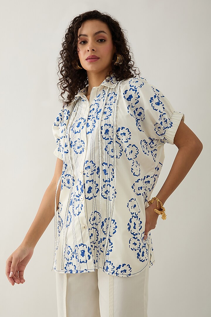 Off-White Cotton Satin Printed Shirt by SNOB at Pernia's Pop Up Shop