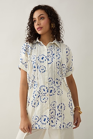 Off-White Cotton Satin Printed Shirt by SNOB