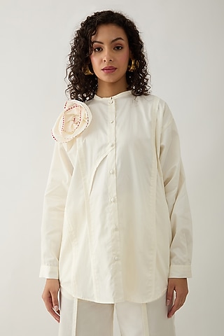 Off-White Cotton Satin Asymmetric Paneled Shirt by SNOB